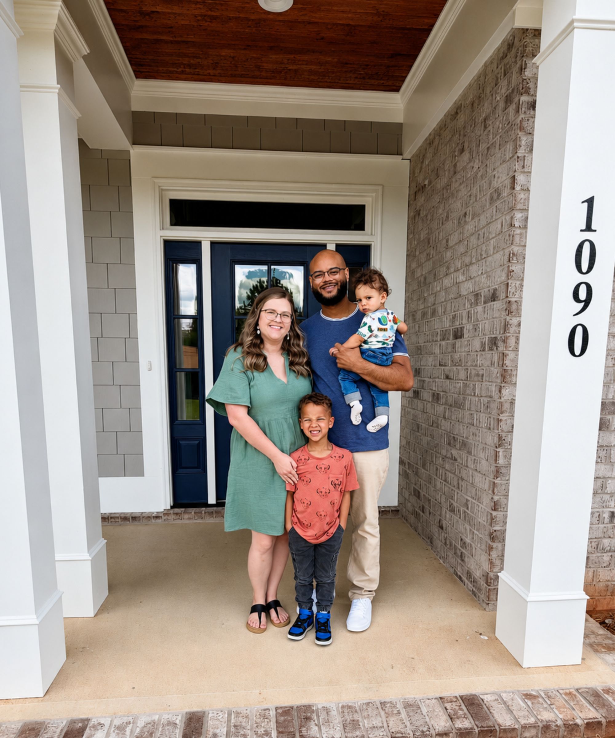 A family at the door of their new home
