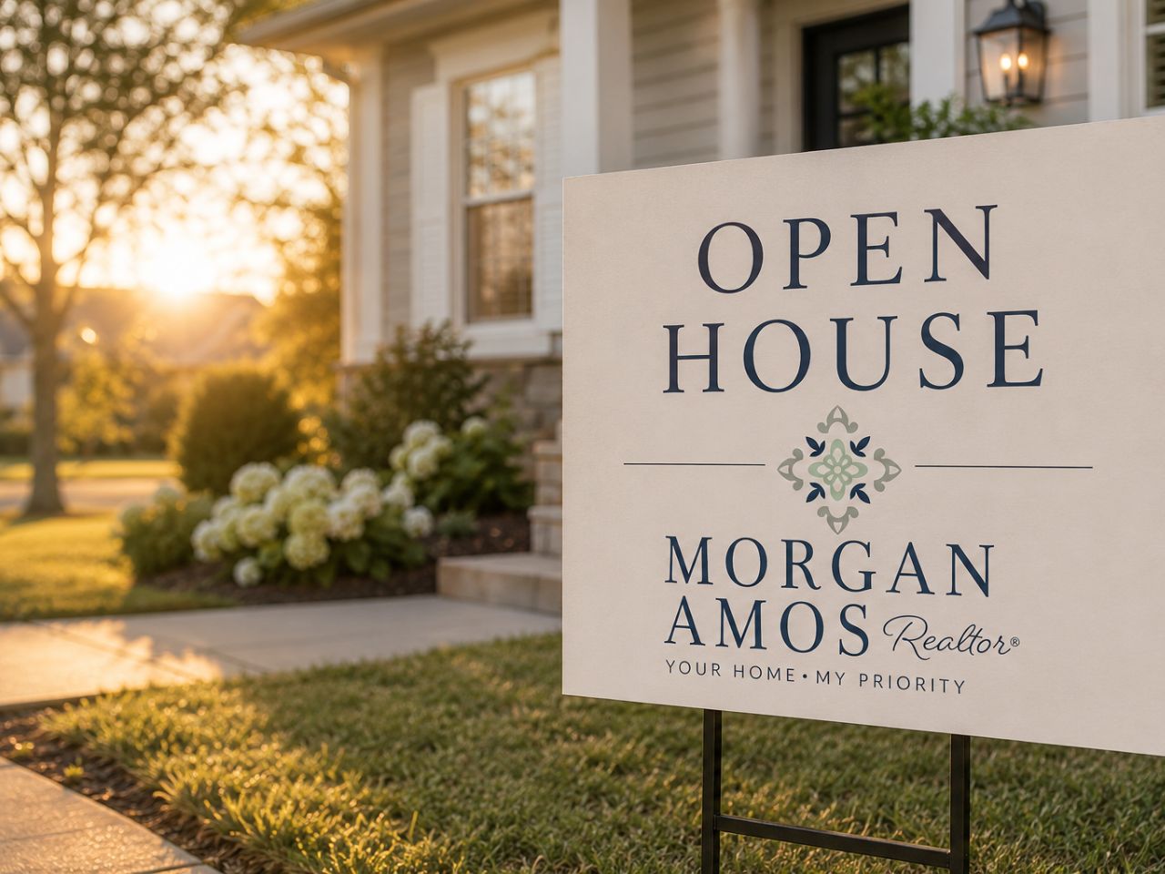 Open house sign at golden hour